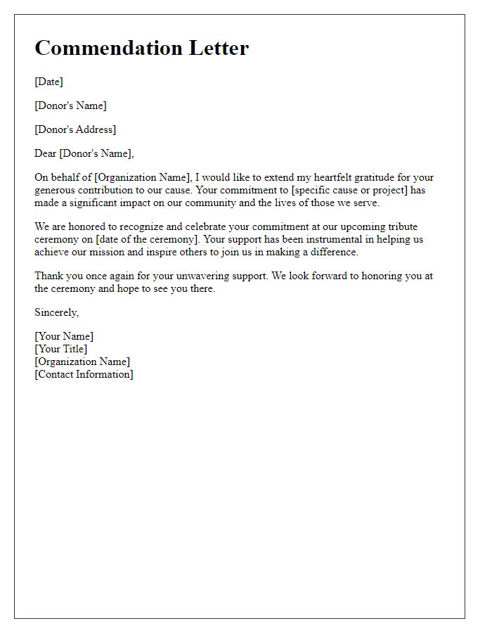 Letter template of commendation for donor tribute ceremony