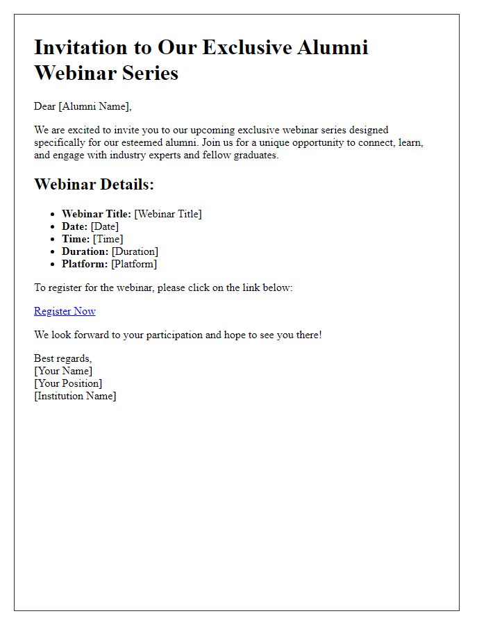 Letter template of notification for alumni exclusive webinar series