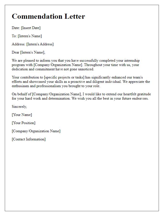 Letter template of commendation for service completion in internship programs.