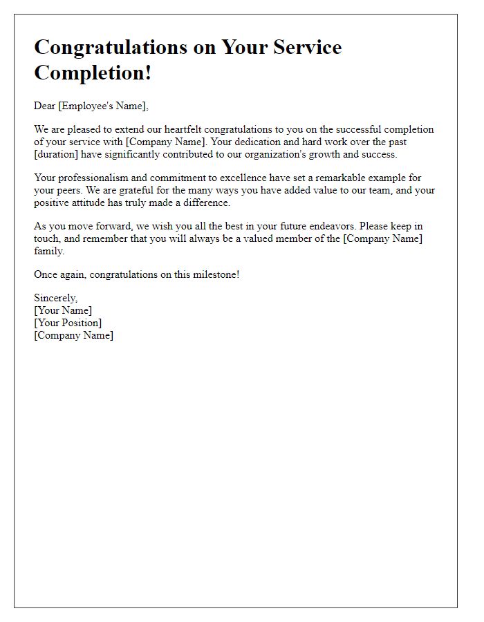 Letter template of congratulatory message for service completion at a corporate level.