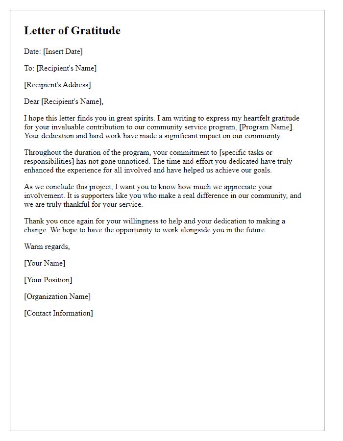 Letter template of gratitude for service completion in community service programs.