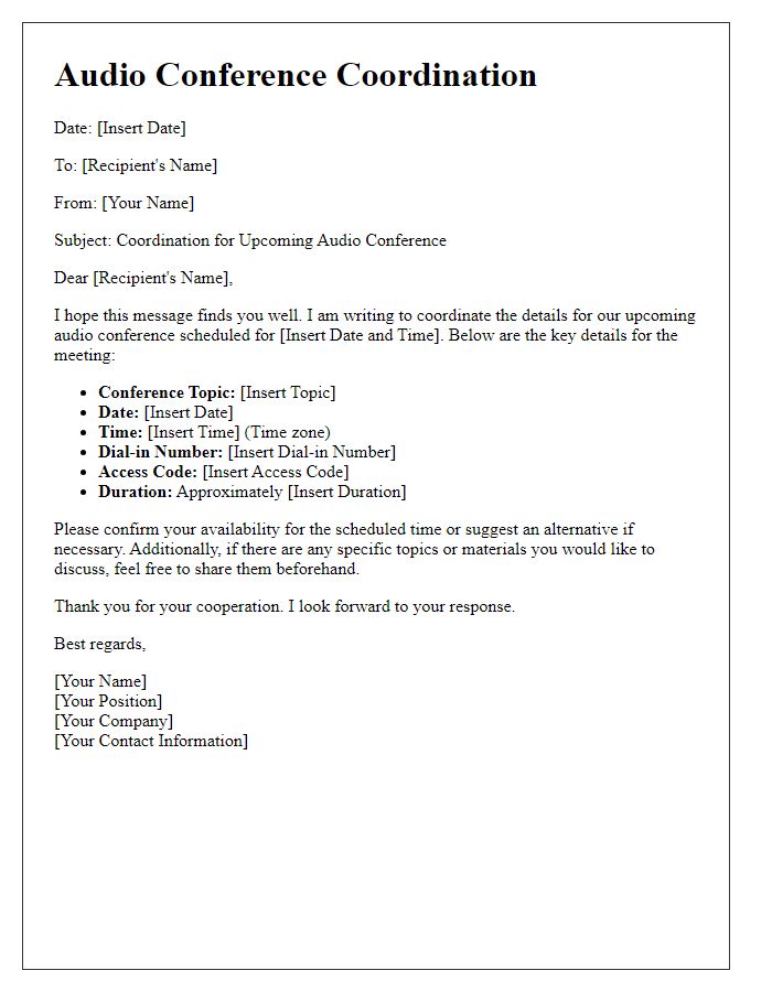 Letter template of audio conference coordination