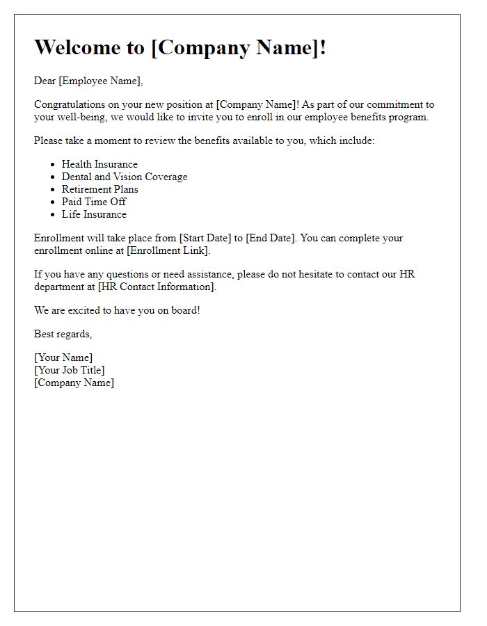 Letter template of benefits enrollment invitation for new hires