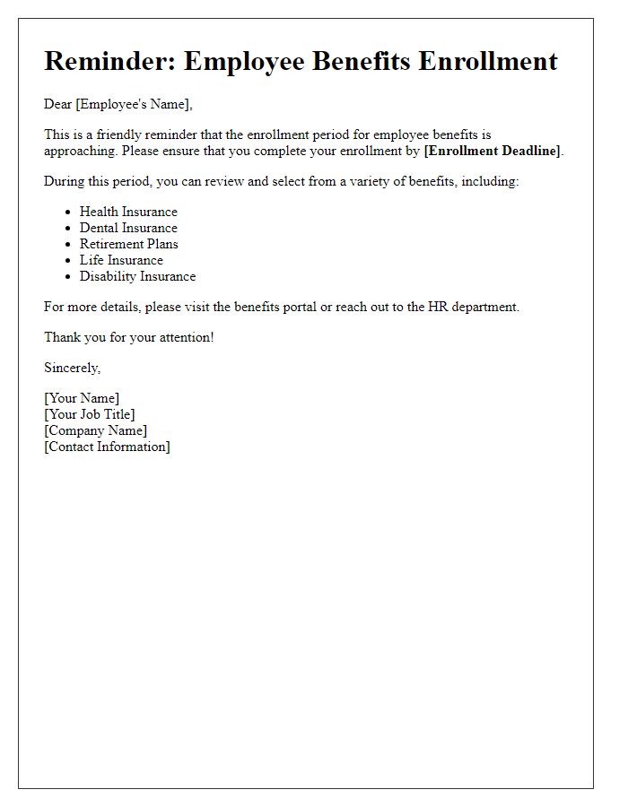 Letter template of employee benefits enrollment reminder