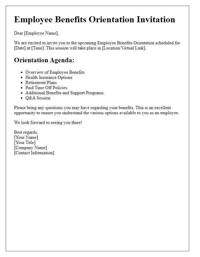 Letter template of employee benefits orientation details