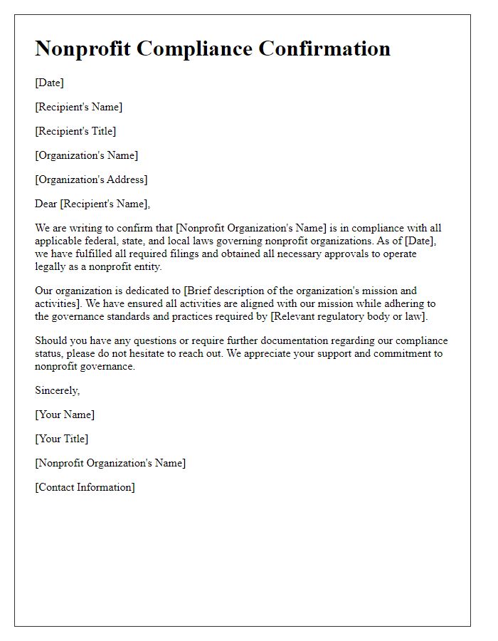 Letter template of nonprofit compliance confirmation.