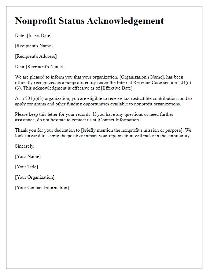 Letter template of nonprofit status acknowledgement.