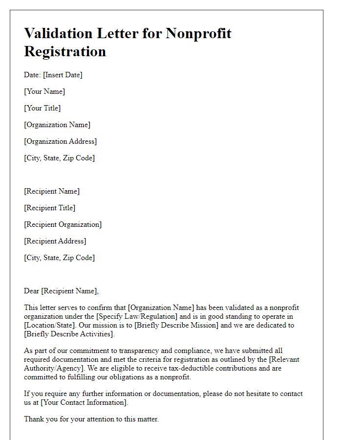 Letter template of validation for nonprofit registration.