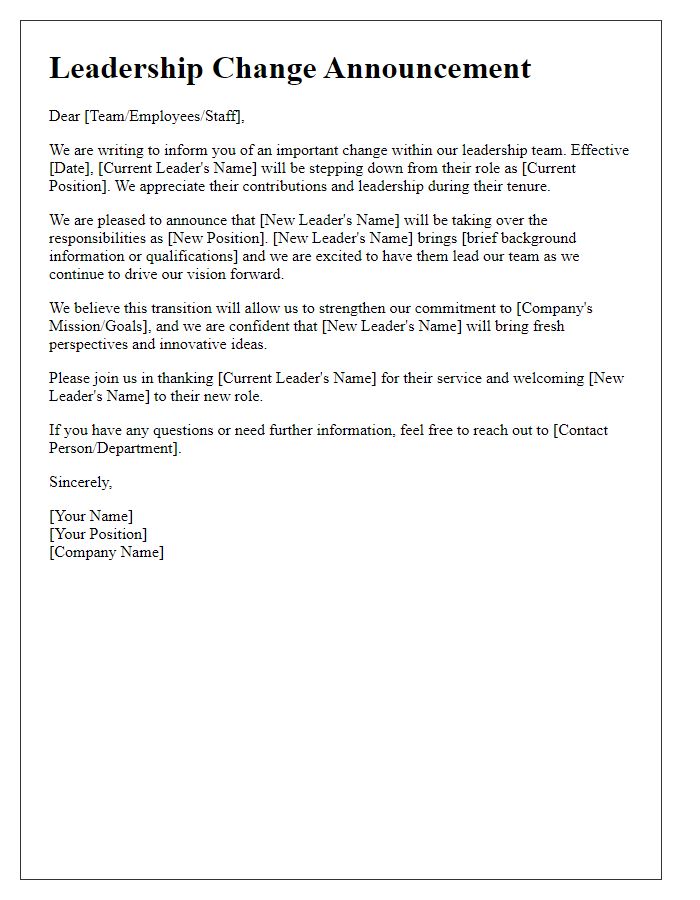 Letter template of leadership change announcement