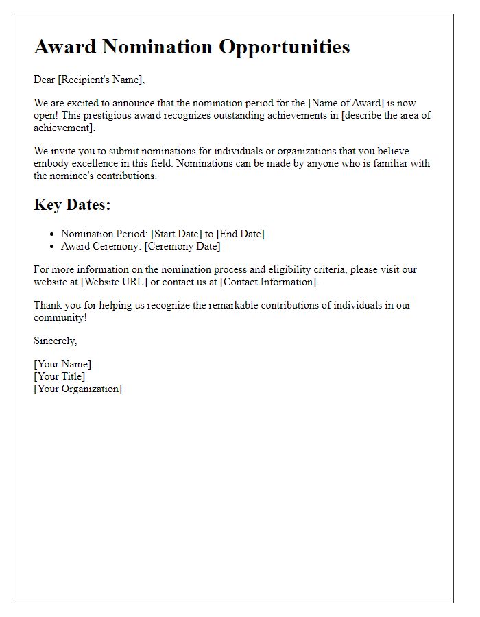 Letter template of announcement for award nomination opportunities