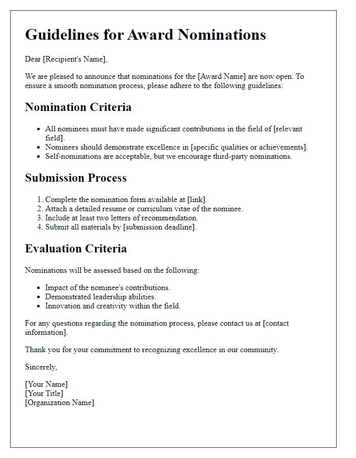 Letter template of guidelines for award nominations