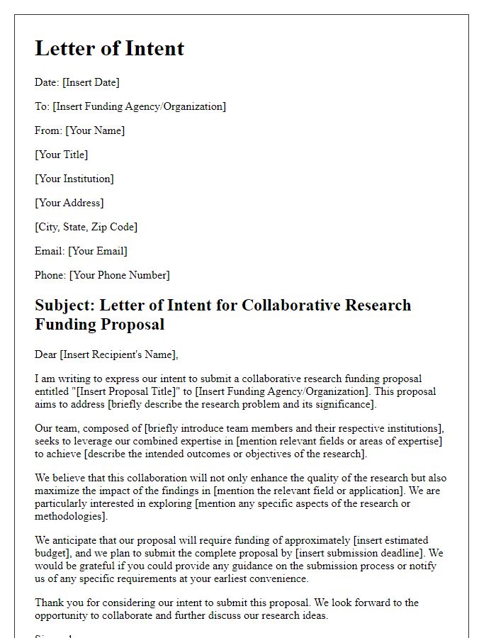 Letter template of intent for collaborative research funding proposal