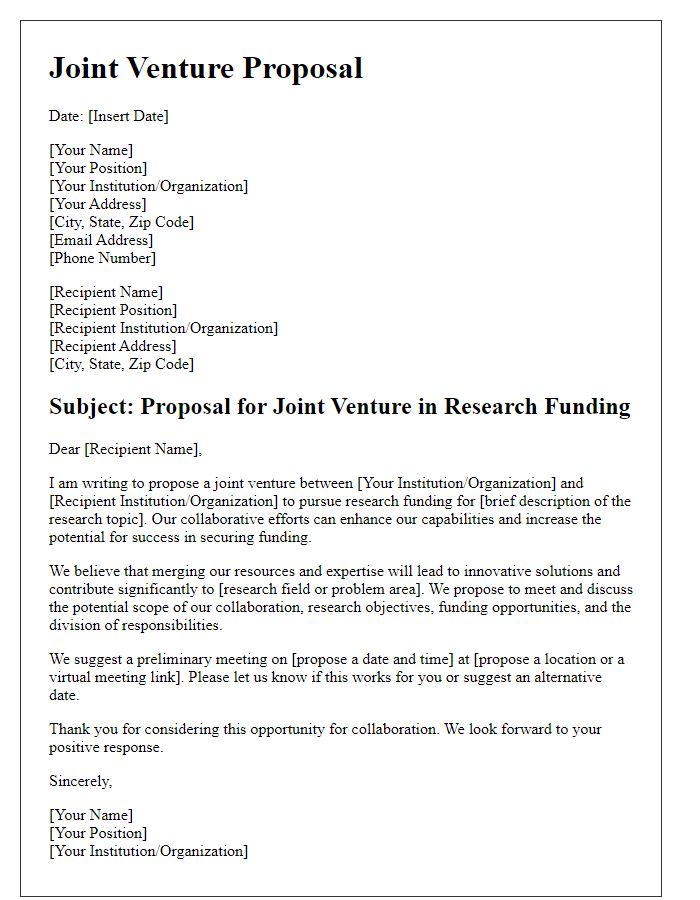 Letter template of joint venture proposal for research funding