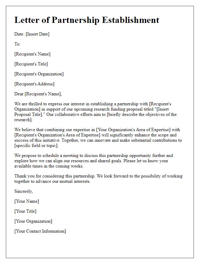 Letter template of partnership establishment for research funding proposal