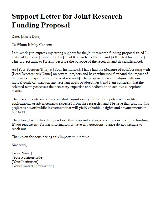 Letter template of support for joint research funding proposal