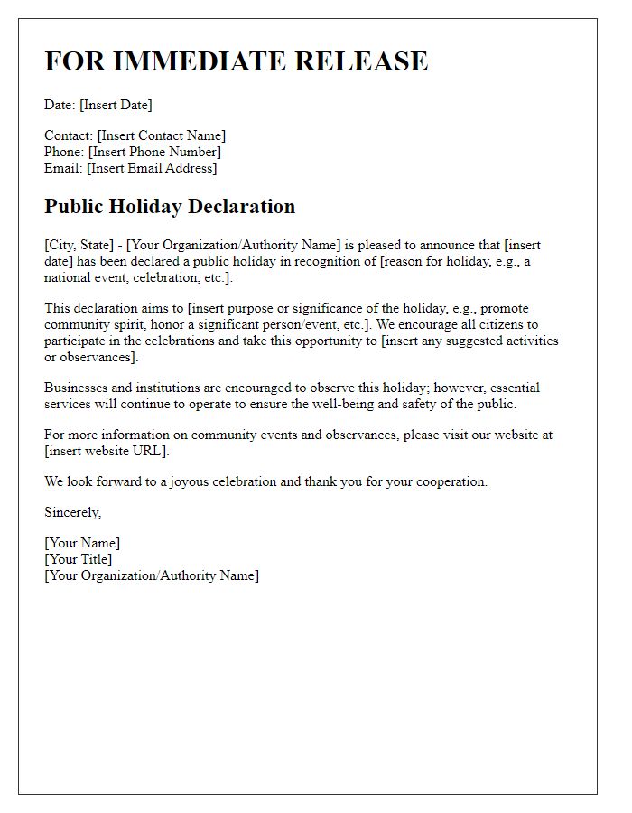 Letter template of public holiday declaration for press release