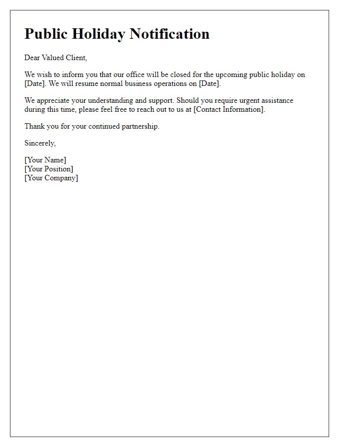 Letter template of public holiday notification for clients