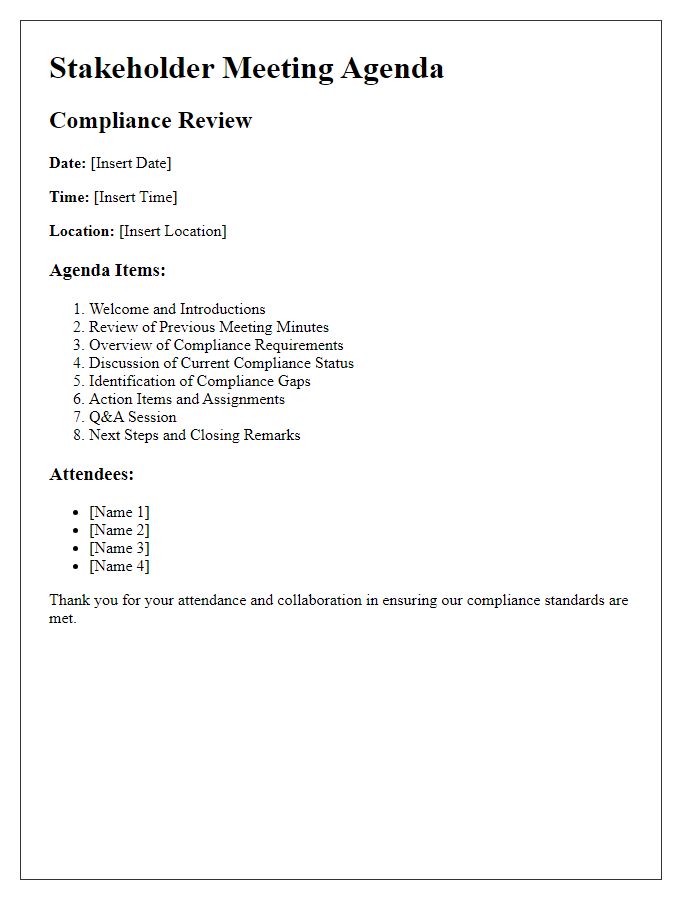 Letter template of stakeholder meeting agenda for compliance review