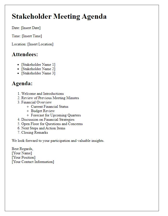 Letter template of stakeholder meeting agenda for financial review