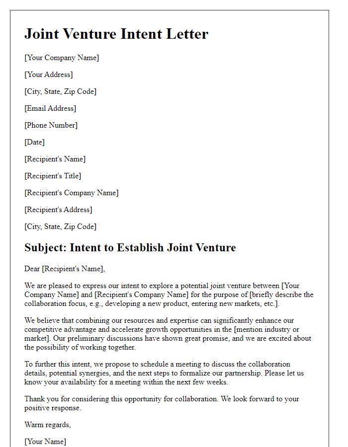 Letter template of joint venture intent for industry collaboration