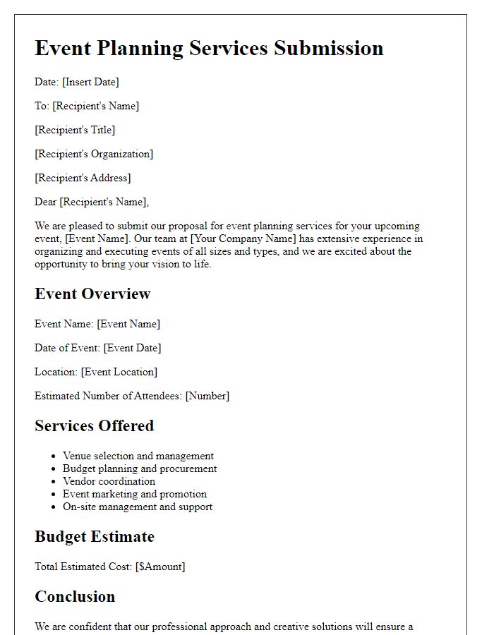 Letter template of event planning services submission.