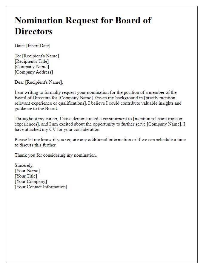 Letter template of board of directors nomination request