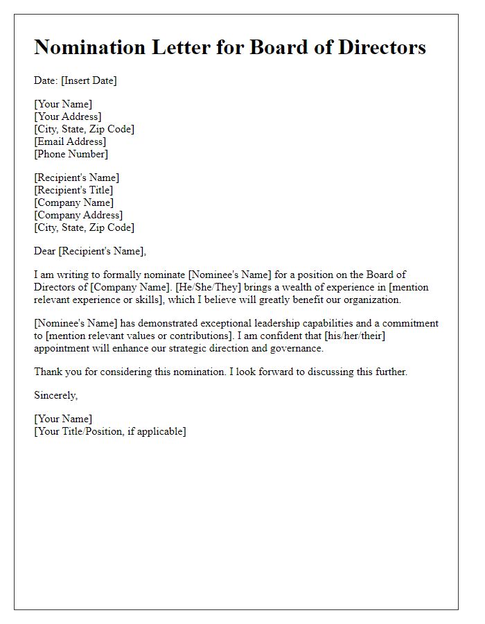 Letter template of formal nomination to board of directors