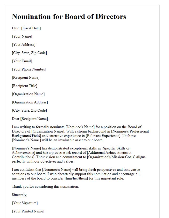 Letter template of nomination for board of directors position