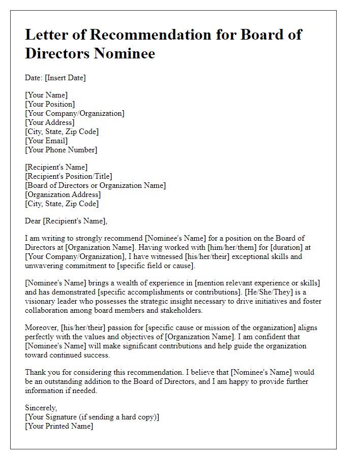 Letter template of recommendation for board of directors nominee