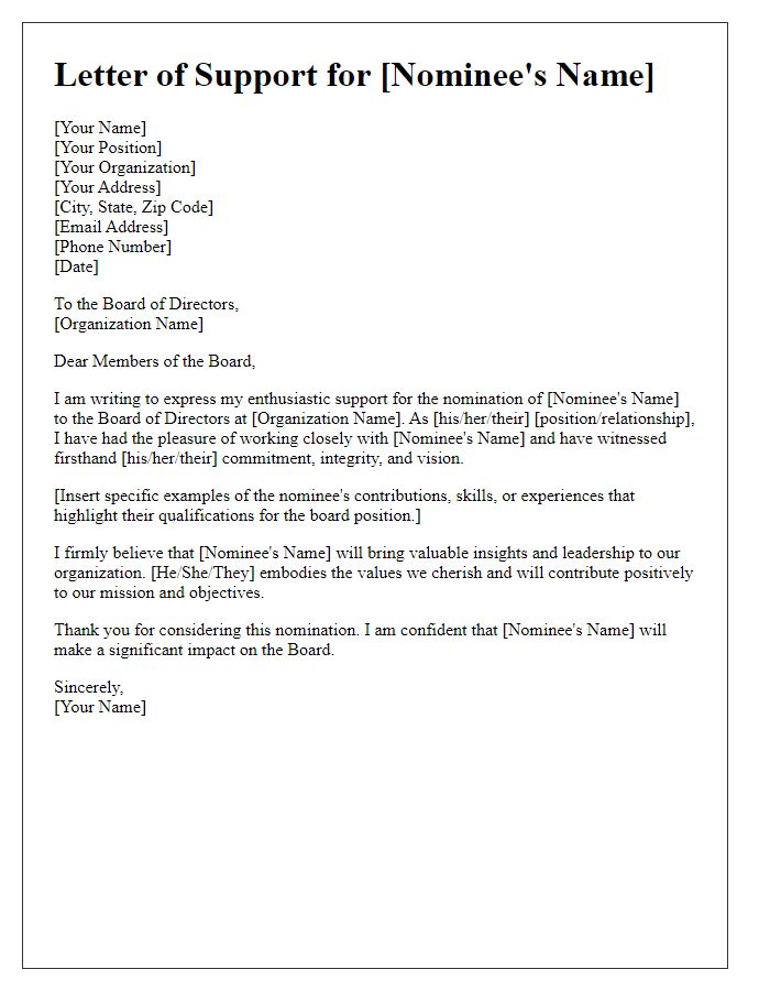 Letter template of support for board of directors nomination