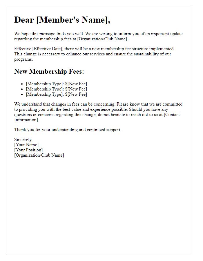 Letter template of New Membership Fee Implementation