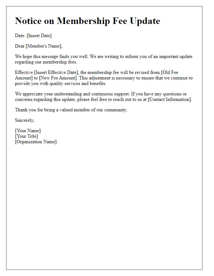 Letter template of Notice on Membership Fee Update