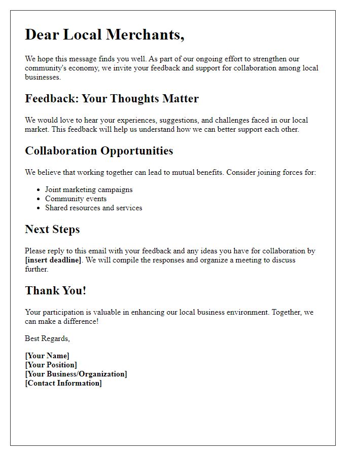 Letter template of feedback and support collaboration among local merchants