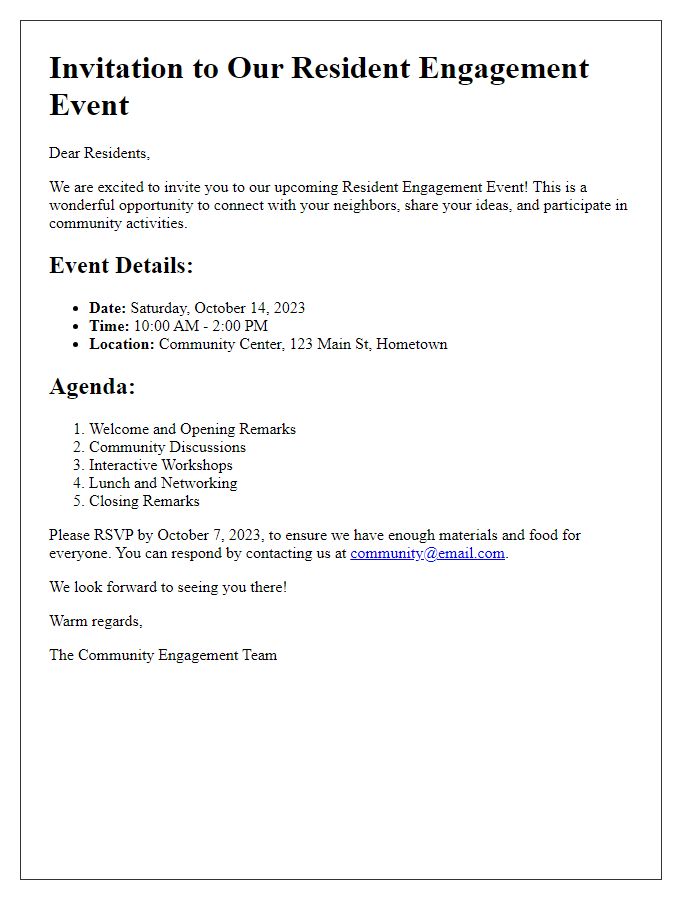 Letter template of resident engagement event details