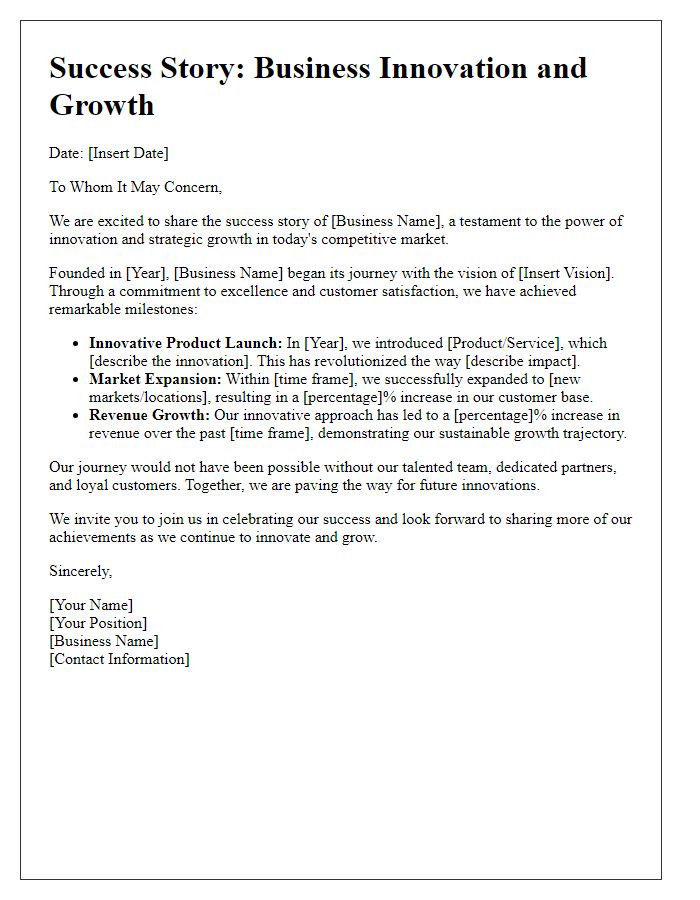 Letter template of success story for business innovation and growth.