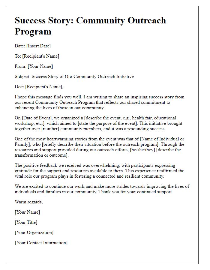 Letter template of success story for community outreach program.