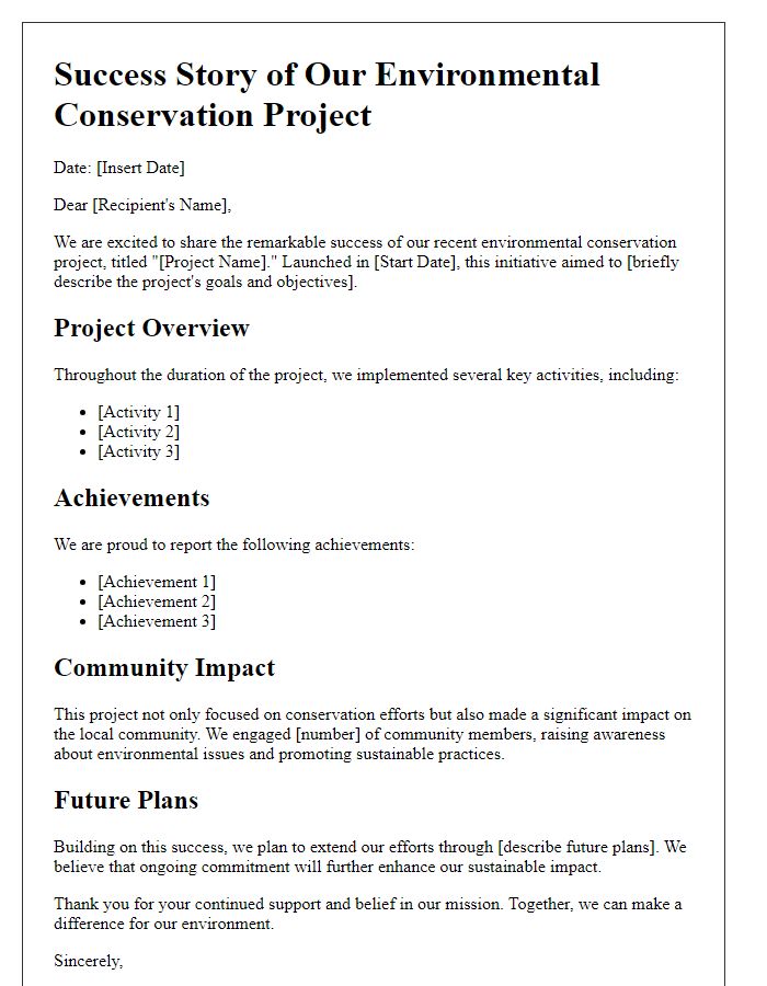 Letter template of success story for environmental conservation project.