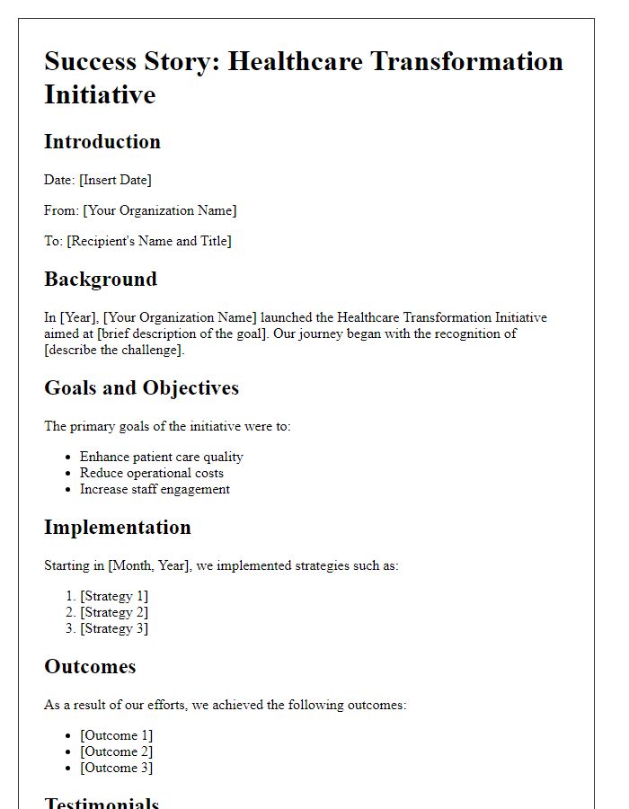 Letter template of success story for healthcare transformation initiative.