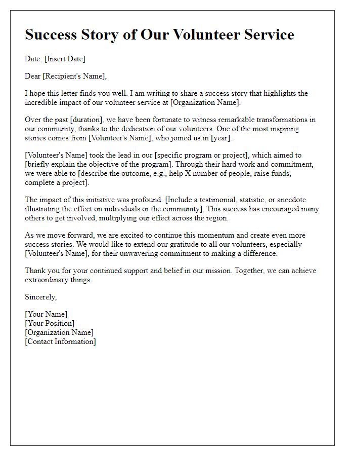 Letter template of success story for volunteer service and impact.