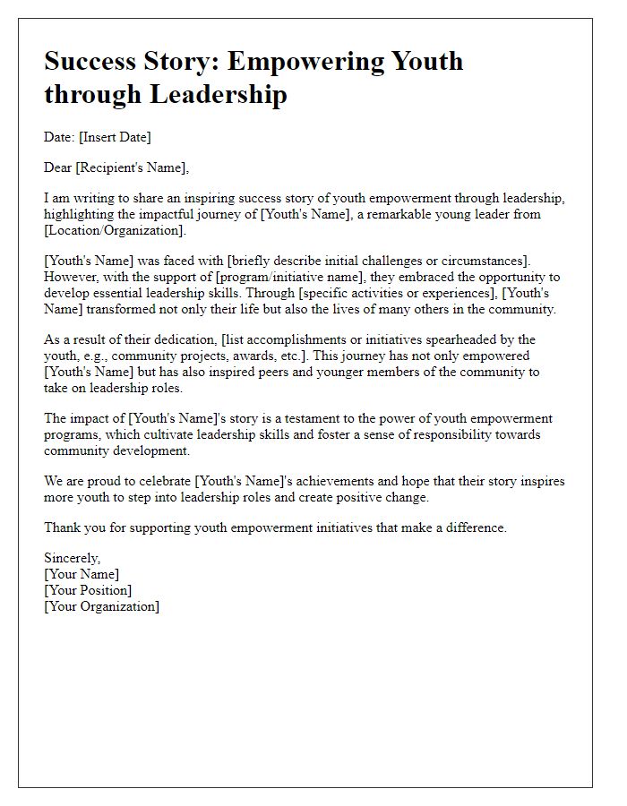 Letter template of success story for youth empowerment and leadership.