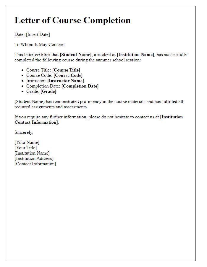 Letter template of academic course completion for summer school sessions