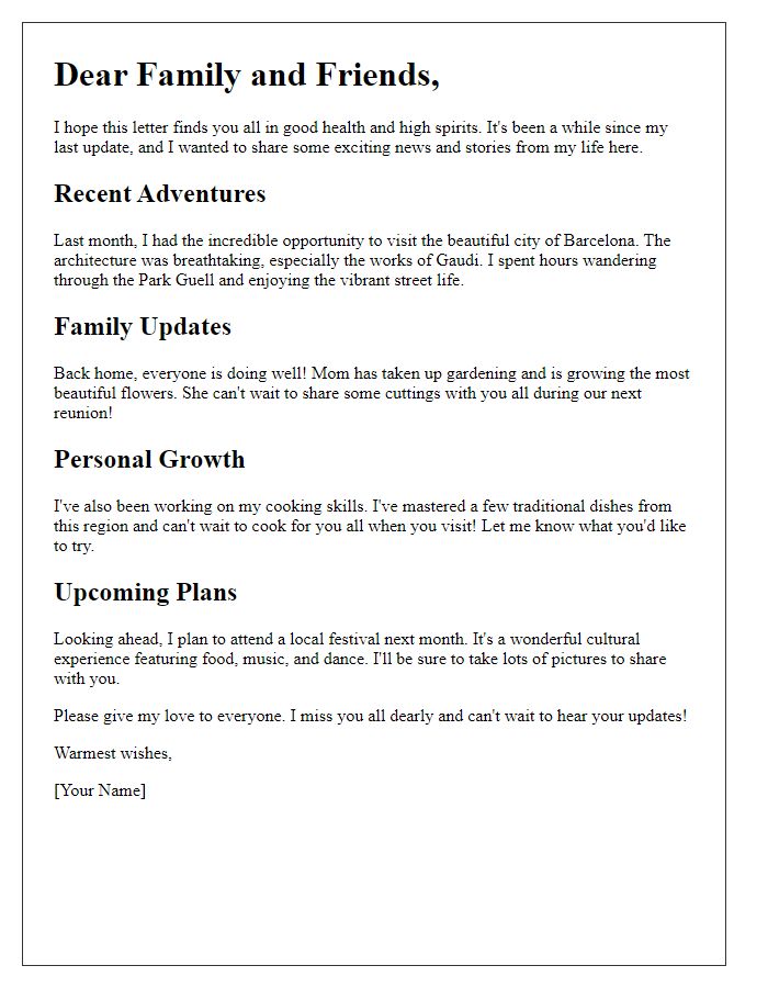 Letter template of updates and stories for international friends or family.