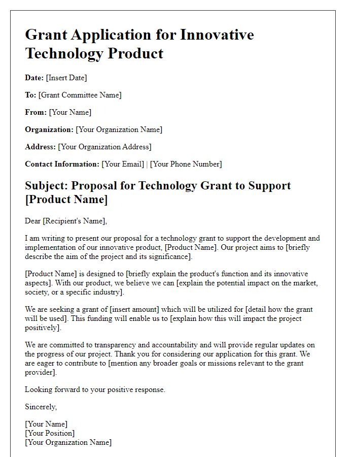 Letter template of technology grant pitch for innovative products