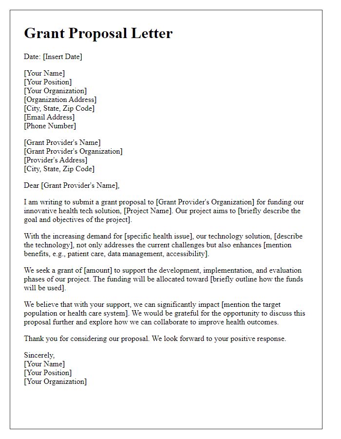 Letter template of technology grant proposal for health tech solutions