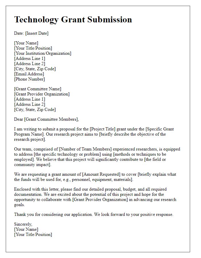 Letter template of technology grant submission for research projects