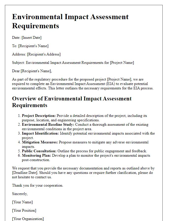 Letter template of environmental impact assessment requirements