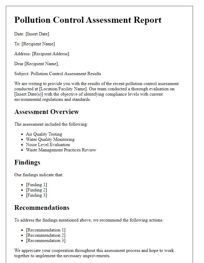 Letter template of pollution control assessment