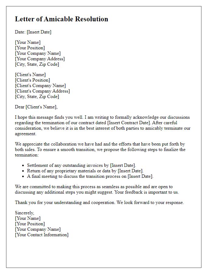 Letter template of amicable resolution for client contract termination