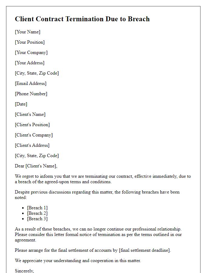 Letter template of client contract termination due to breach