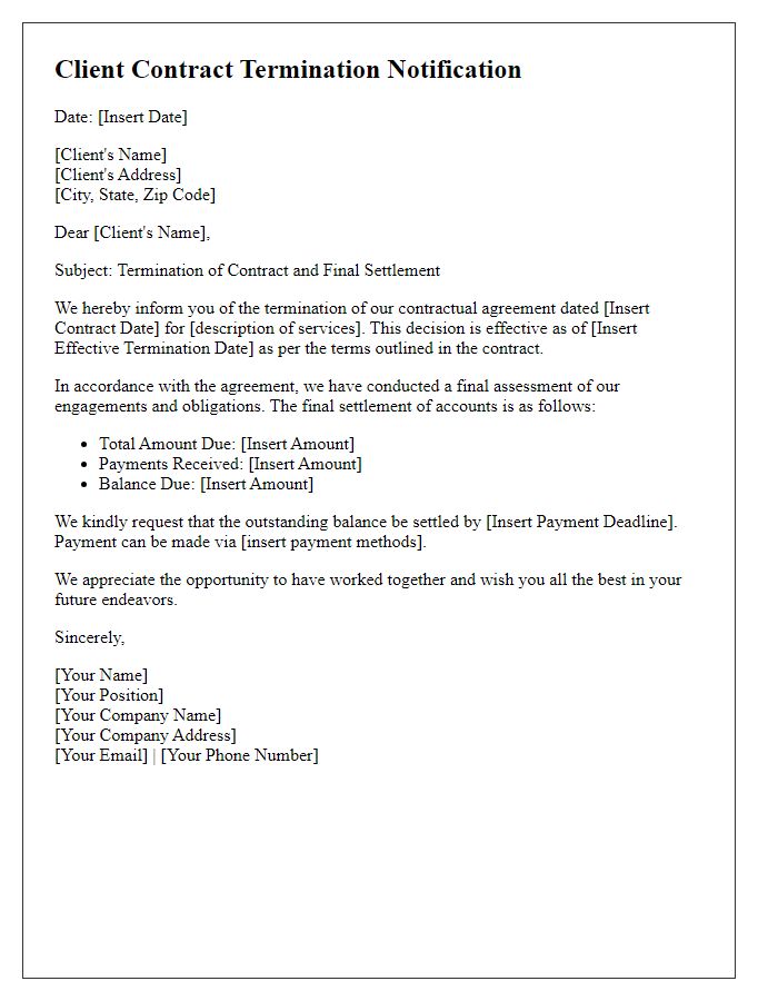 Letter template of client contract termination with final settlement